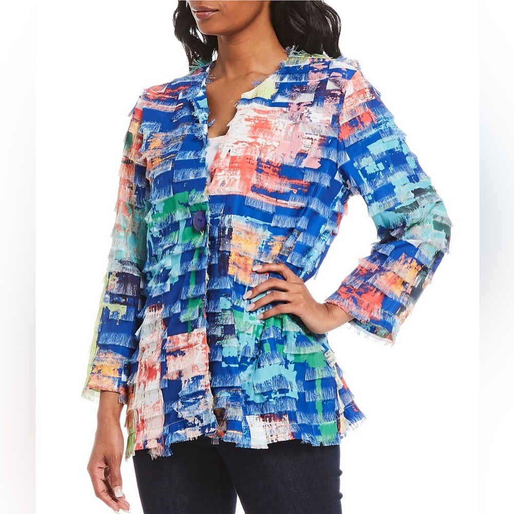 Ali Miles Vibrant Print Eyelash Fringe 3/4 Sleeve One Button Jacket, Size PM